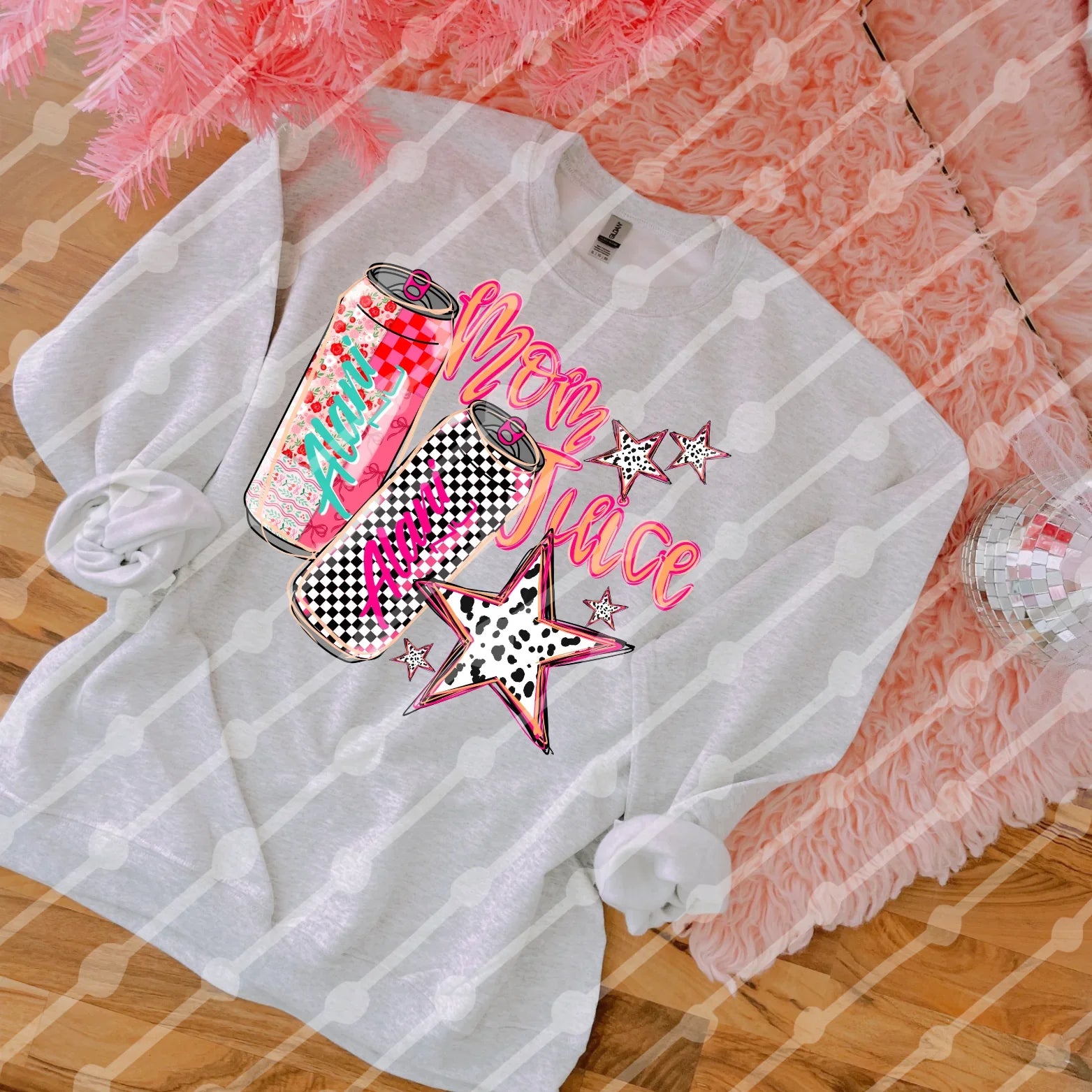 White sweatshirt with colorful graphics and text on a checkered floor.