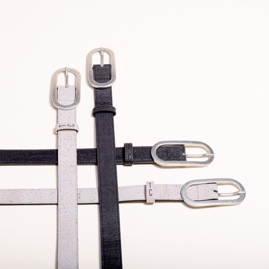 Women's Vegan Cork Leather Belt in Black with Silver Buckle - Image 2