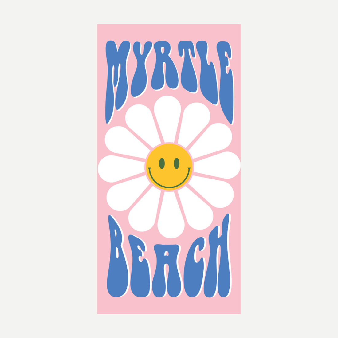 A rectangular beach towel with a pink background featuring a large white daisy with a yellow smiley face in the center and blue text reading Myrtle Beach above and below.