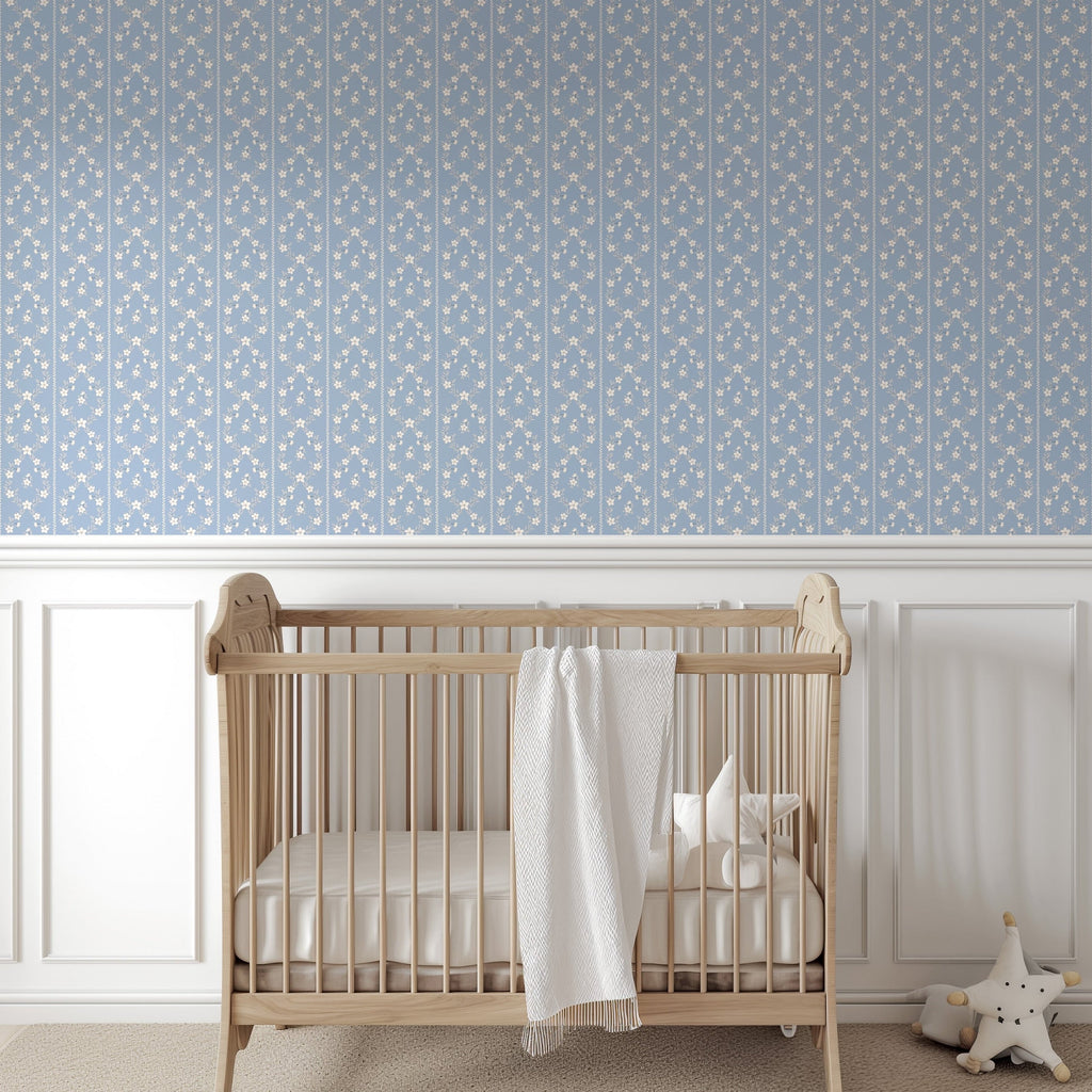 Myrtle floral wallpaper in blue and sage-green for a traditional cottagecore bedroom