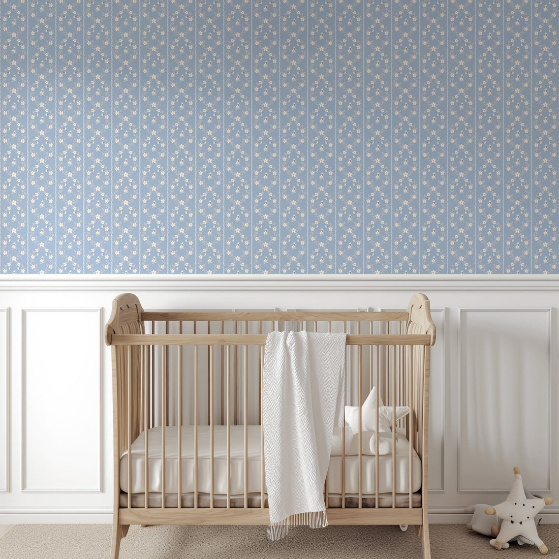 Myrtle floral wallpaper in blue and sage-green for a traditional cottagecore bedroom