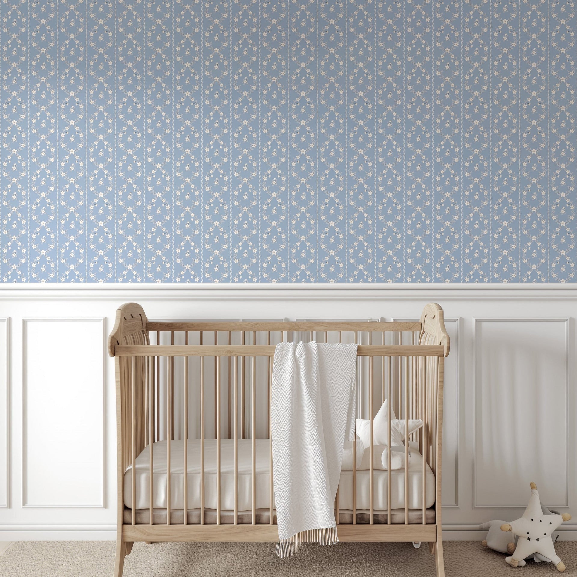 Myrtle floral wallpaper in blue and sage-green for a traditional cottagecore bedroom