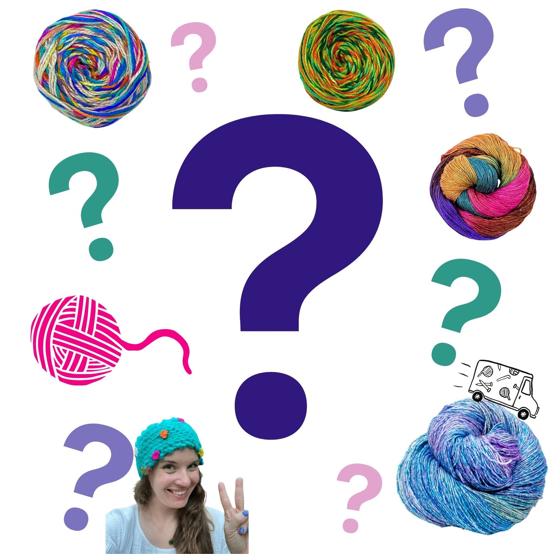 A variety of colorful yarn skeins stacked together representing the mystery yarn selection.