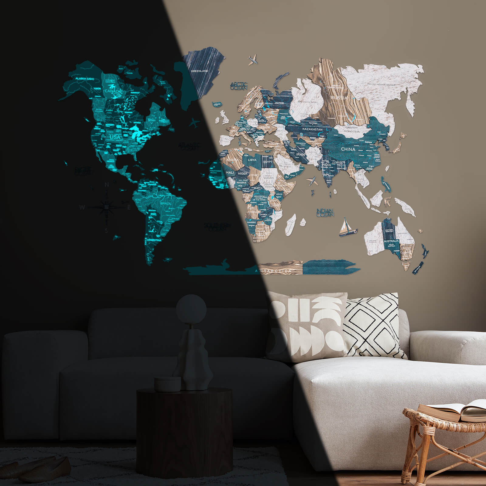 3D Luminous Wooden World Map Mystery: Modern Glow-in-the-Dark Art