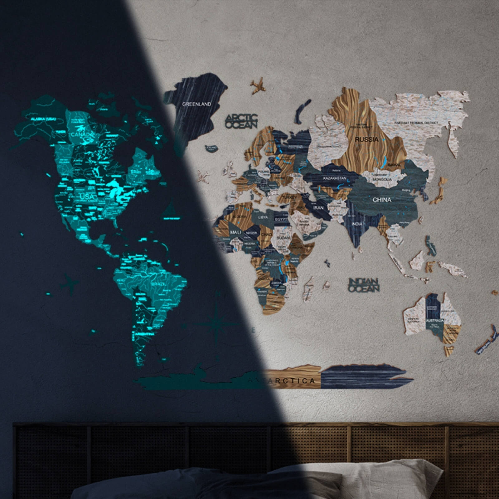 3D wooden world map with three layers of depth and luminous cyan glow-in-the-dark accents.