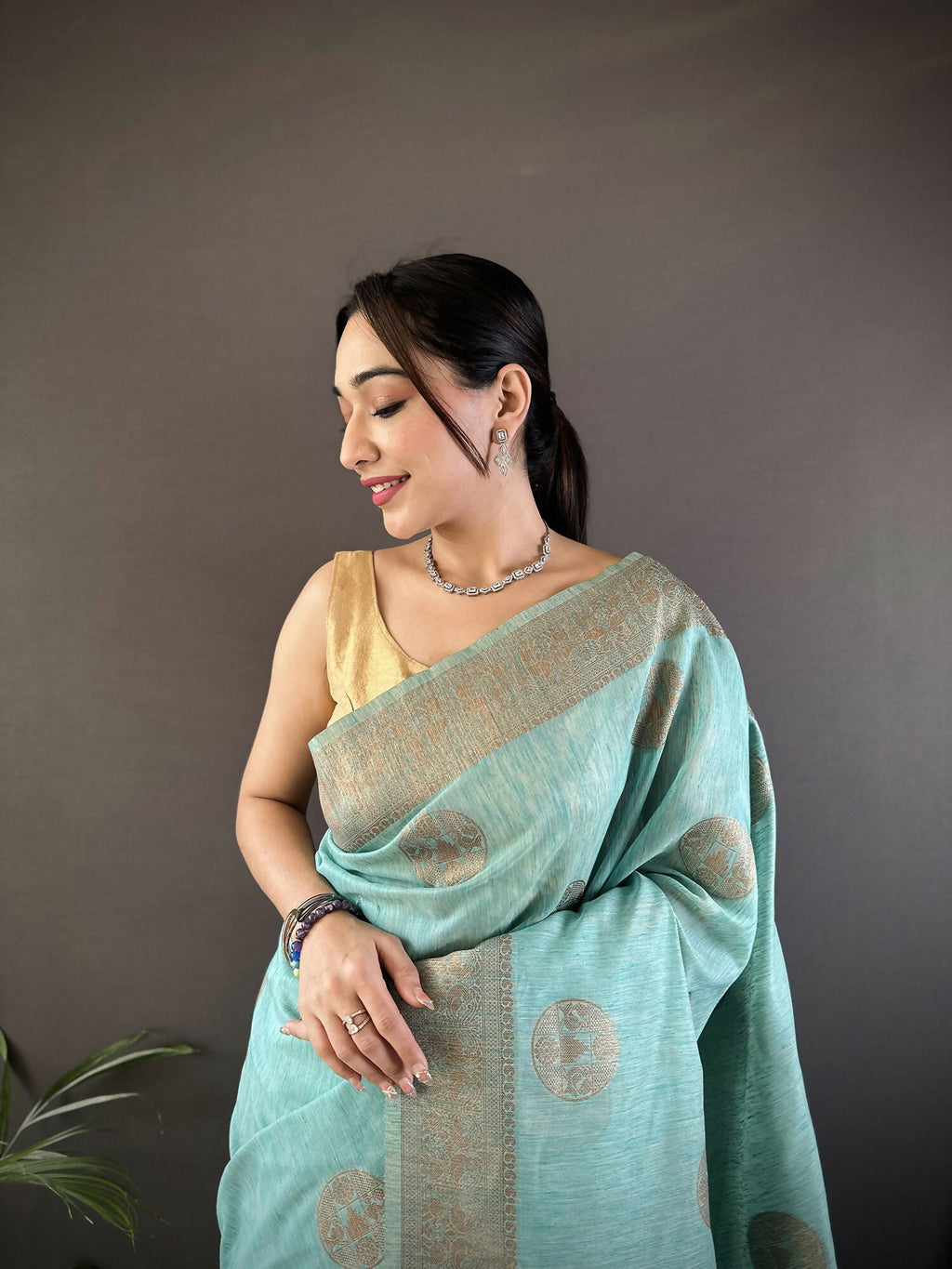 Sky Blue Floral & Paisley Linen Silk Banarasi Saree
