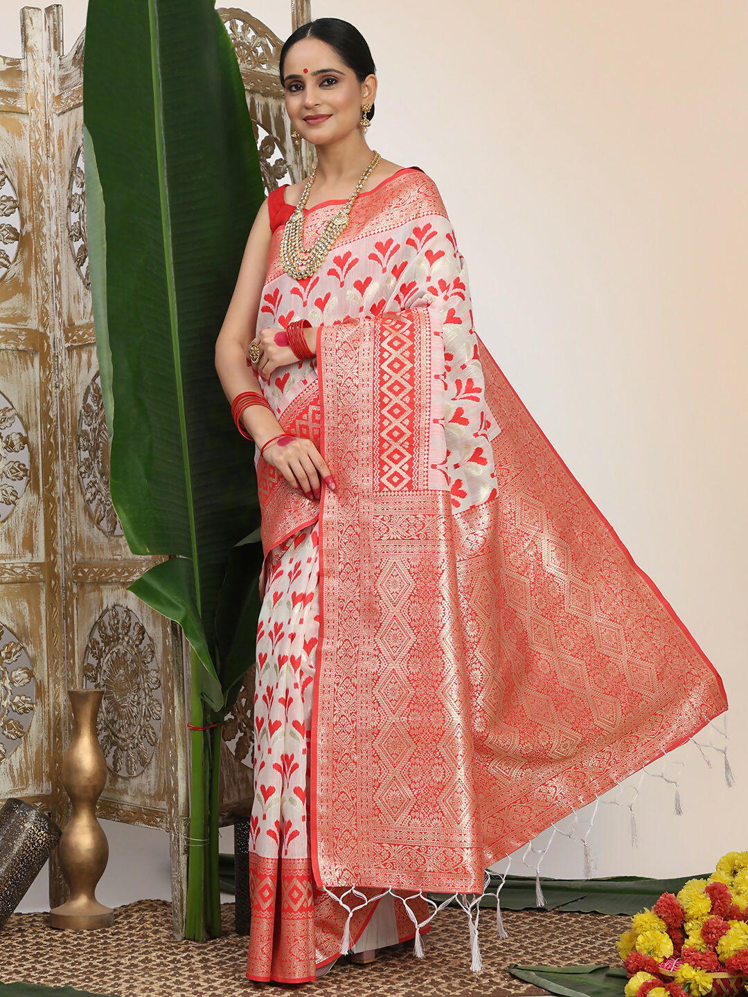 Red and White Linen Cotton Saree with Matching Blouse