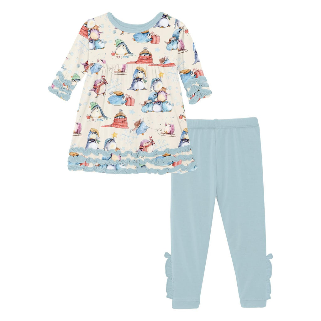 Print 3/4 Sleeve Babydoll Outfit Set in Natural Silly Penguins