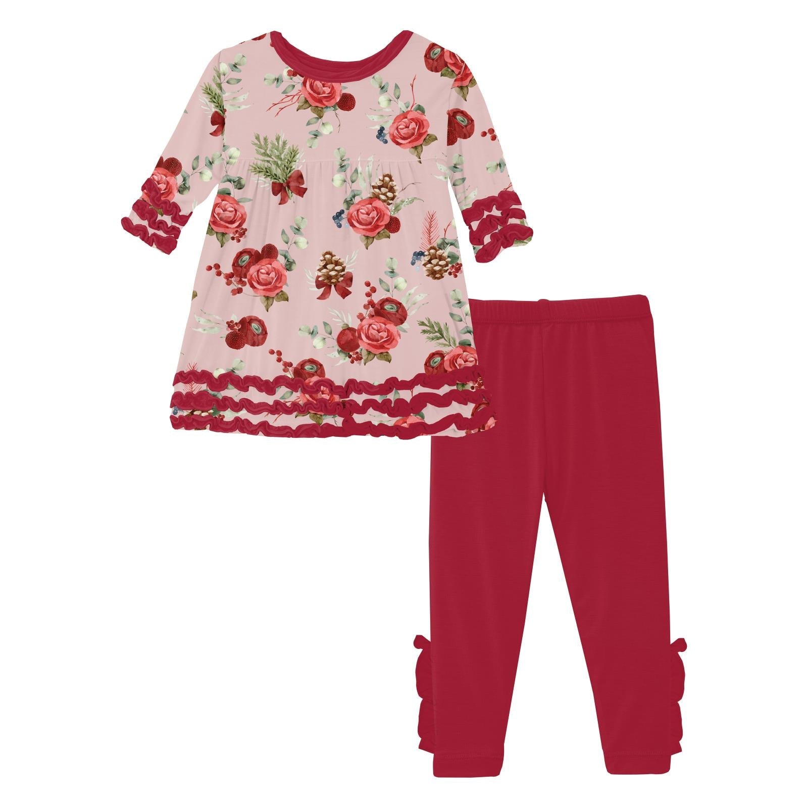 Print 3/4 Sleeve Babydoll Outfit Set in Baby Rose Holiday Floral