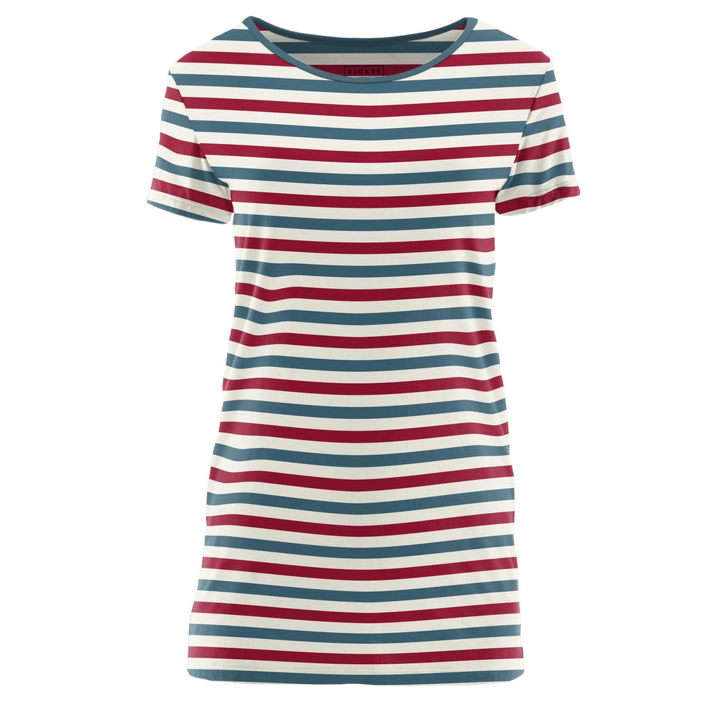 Women's relaxed fit short sleeve t-shirt in a red, white, and blue stripe pattern