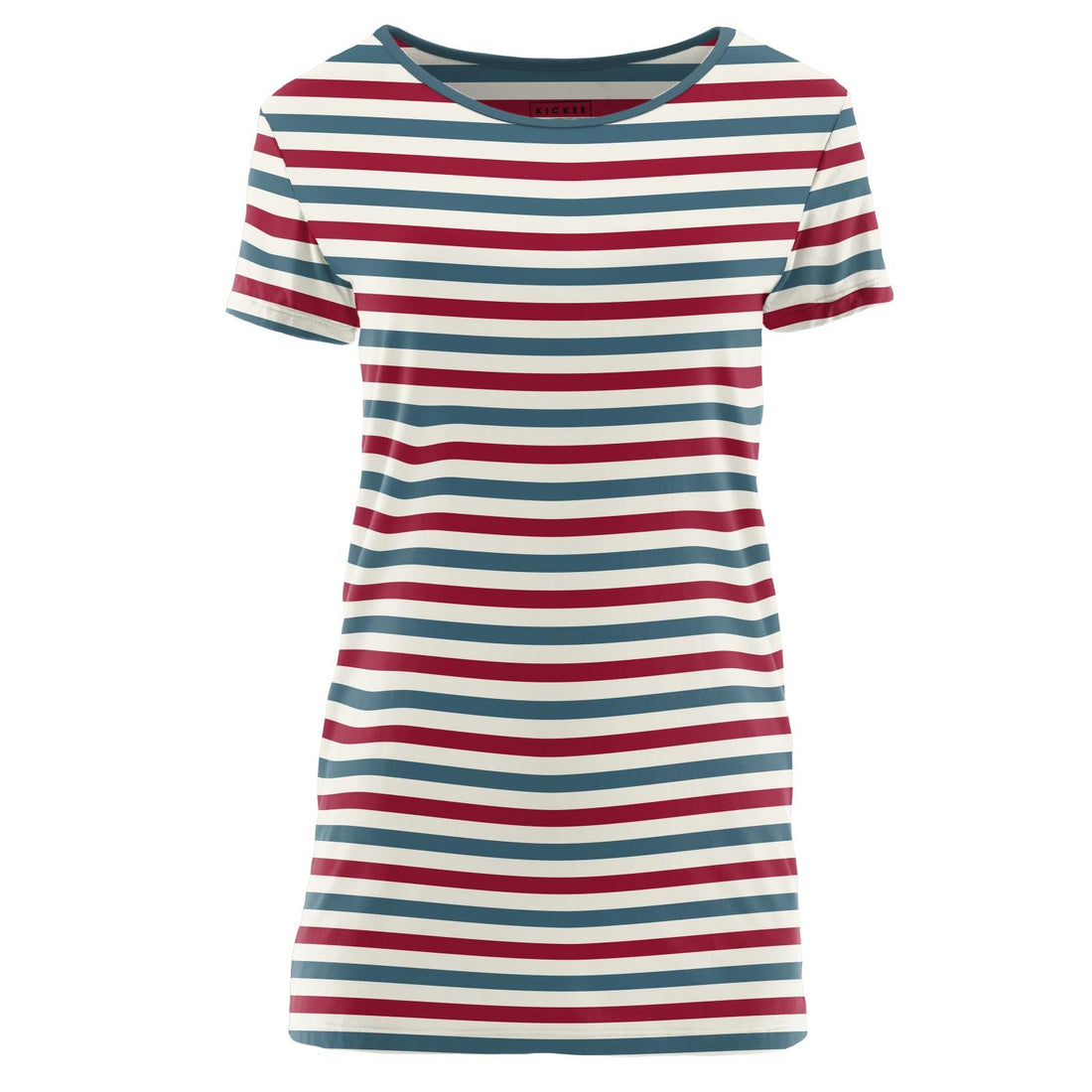 Women's relaxed fit short sleeve t-shirt in a red, white, and blue stripe pattern