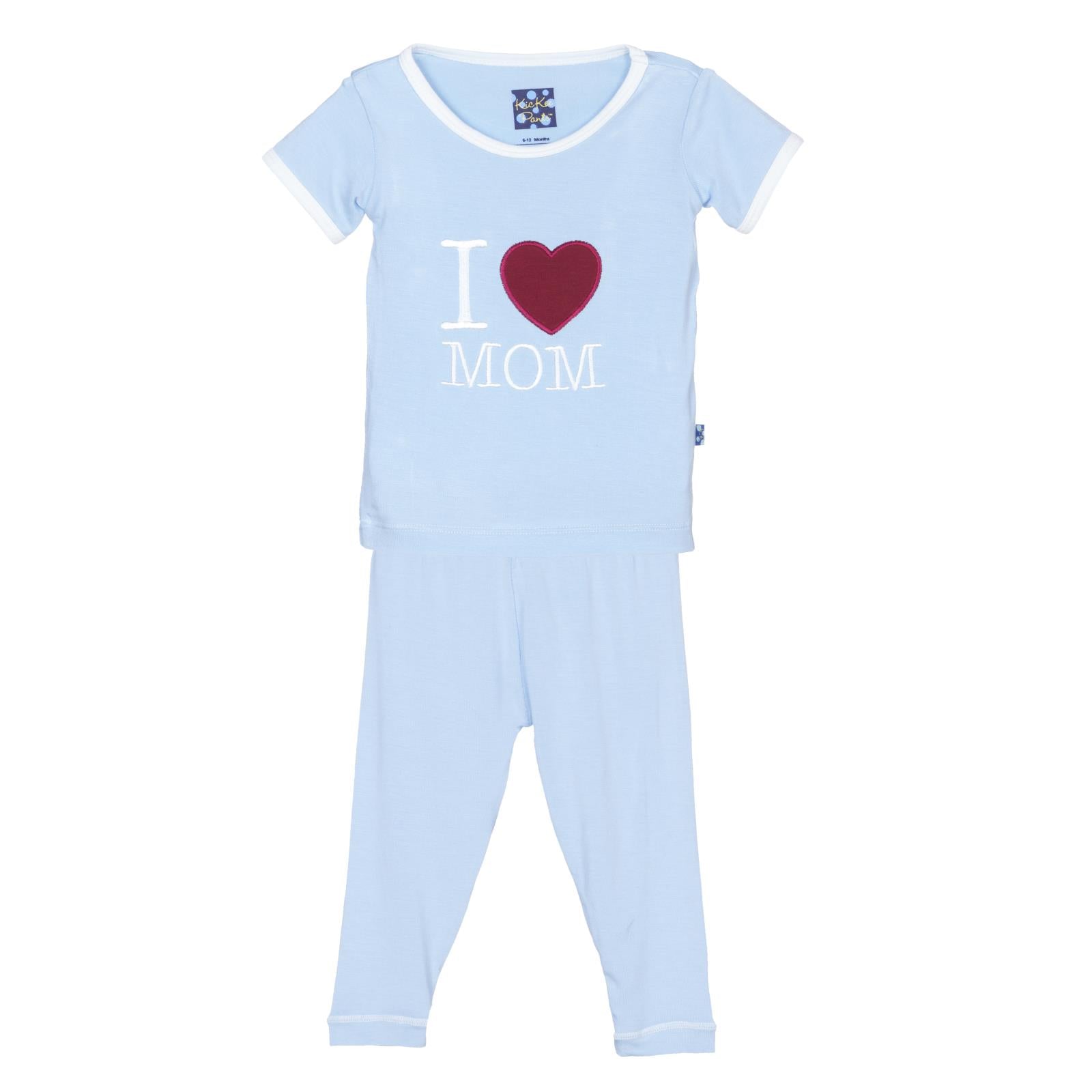 Holiday Short Sleeve Applique Pajama Set in Pond I Love Mom