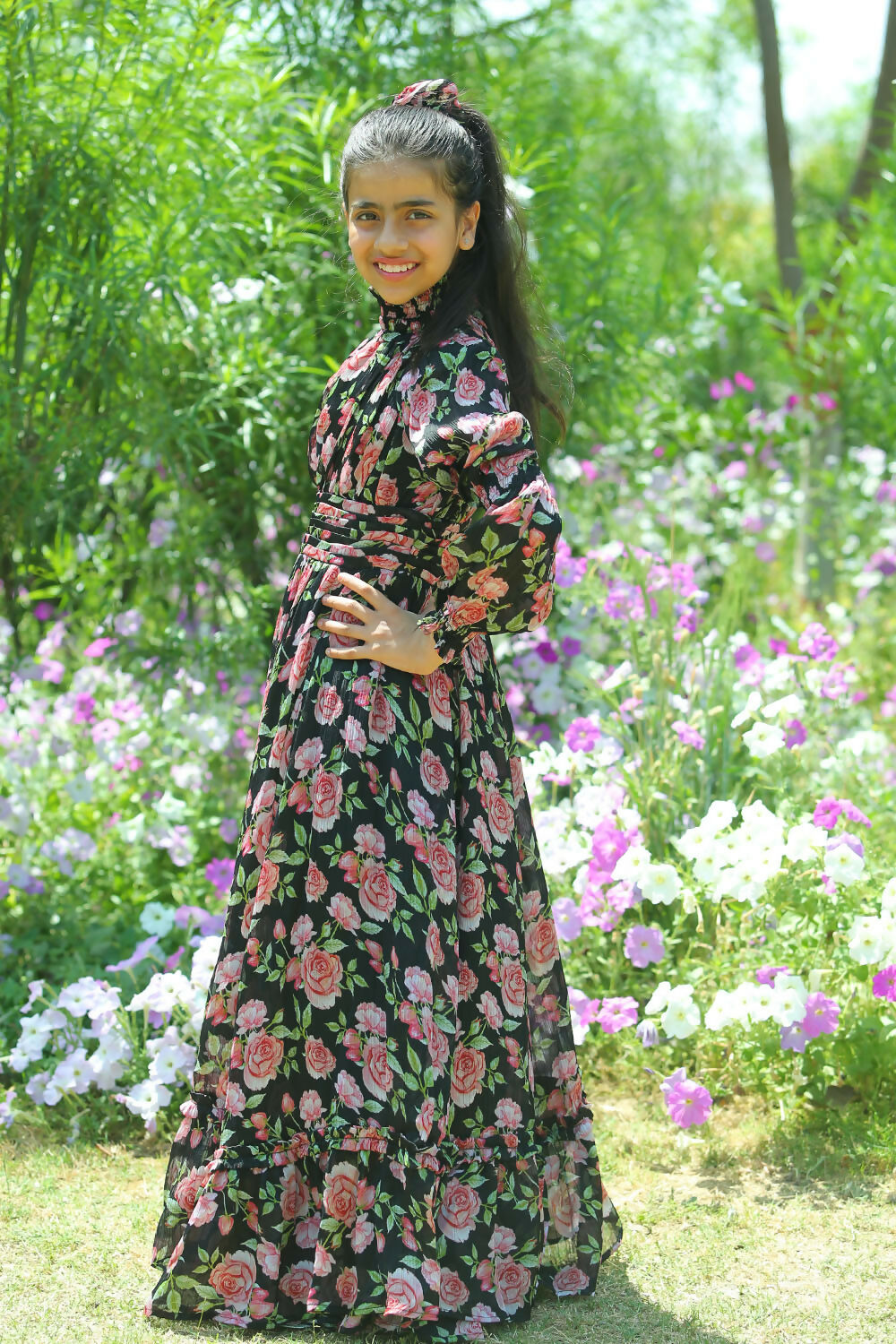 Girls Black Chiffon Maxi Dress - Elegant Flared Shirred Runway Rose