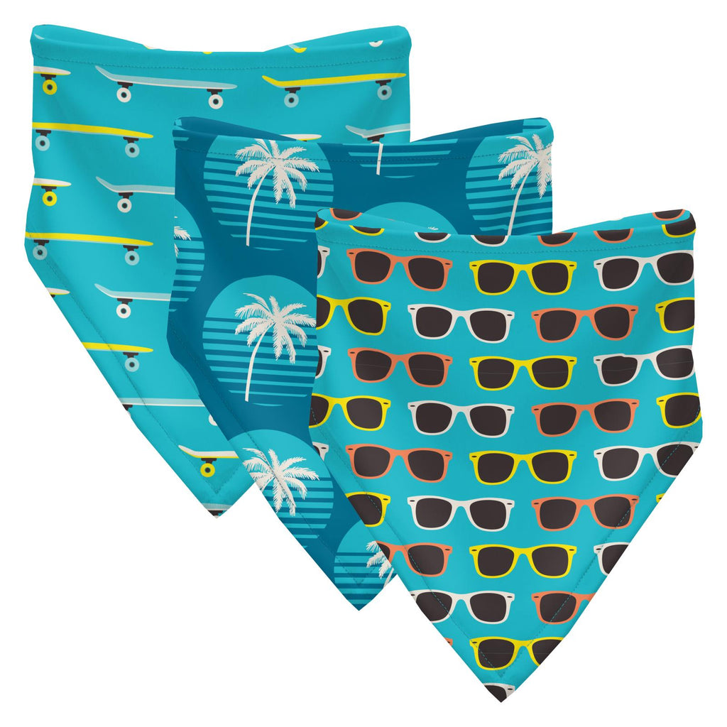 Print Bandana Bib Set of 3 in Confetti Skateboard, Cerulean Blue Palm Tree Sun & Confetti Sunglasses