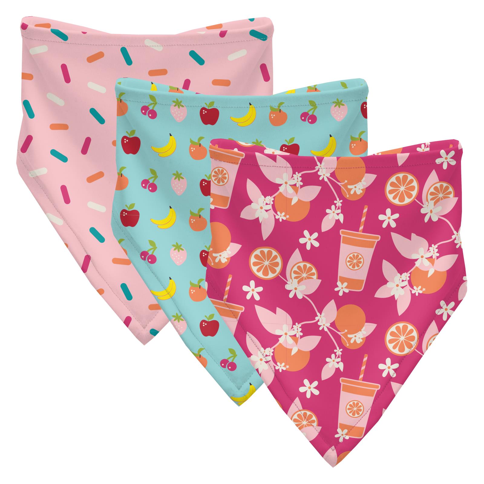Print Bandana Bib Set of 3 in Lotus Sprinkles, Summer Sky Mini Fruit & Calypso Orange Cream