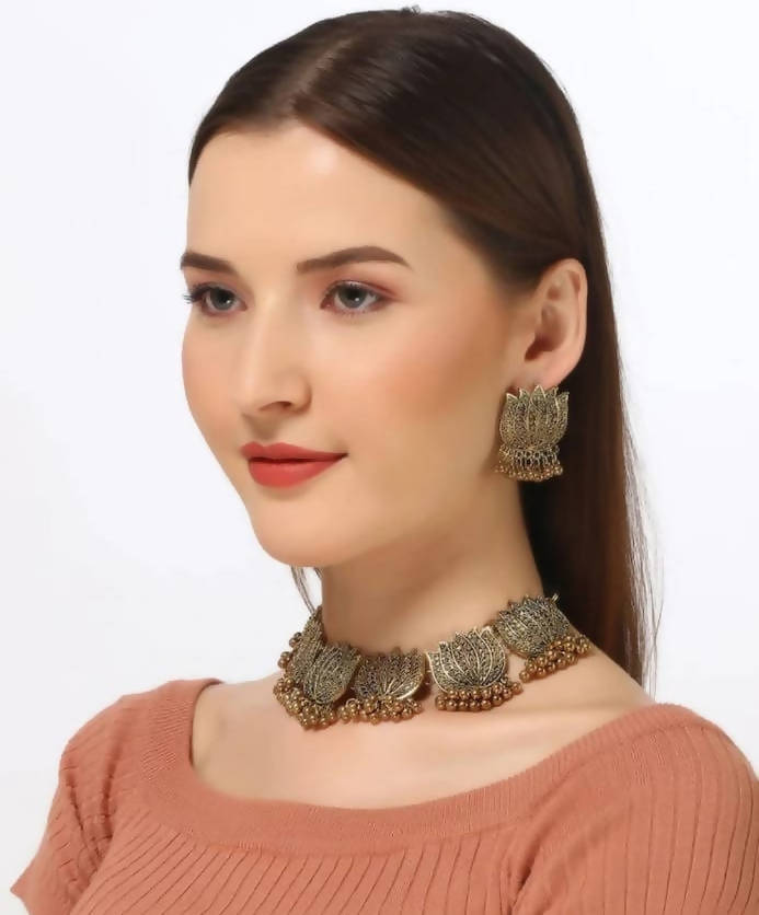 Golden Oxidised Lotus Choker Necklace Set for Ethnic Party Wear