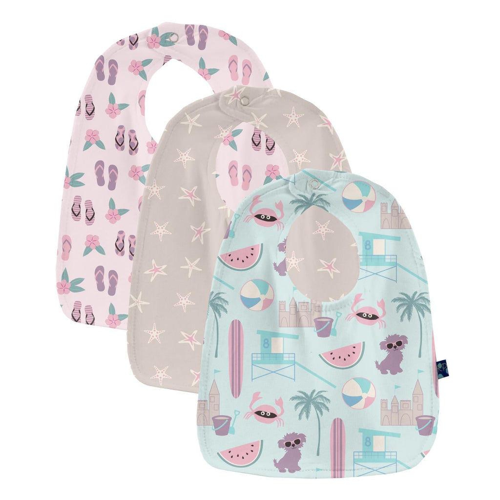 Print Bib Set of 3 in Fresh Air Beach Day, Latte Starfish & Shrinking Violet Flip Flops and Flowers