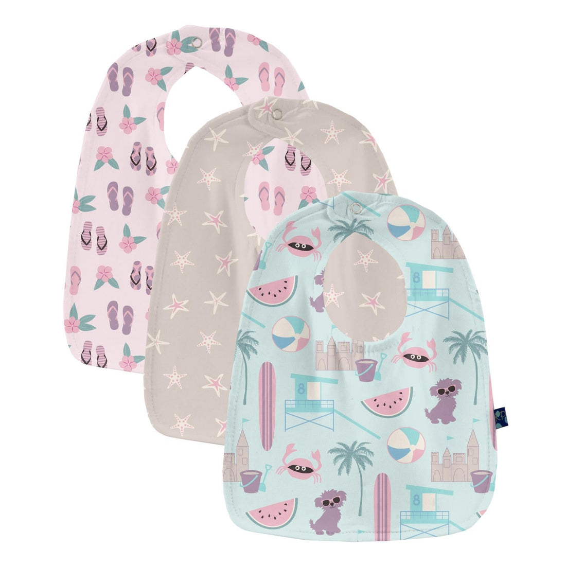 Print Bib Set of 3 in Fresh Air Beach Day, Latte Starfish & Shrinking Violet Flip Flops and Flowers