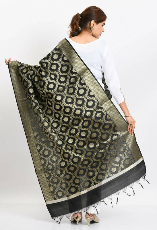 Black Banarasi Silk Woven Design Dupatta for Ethnic Wear