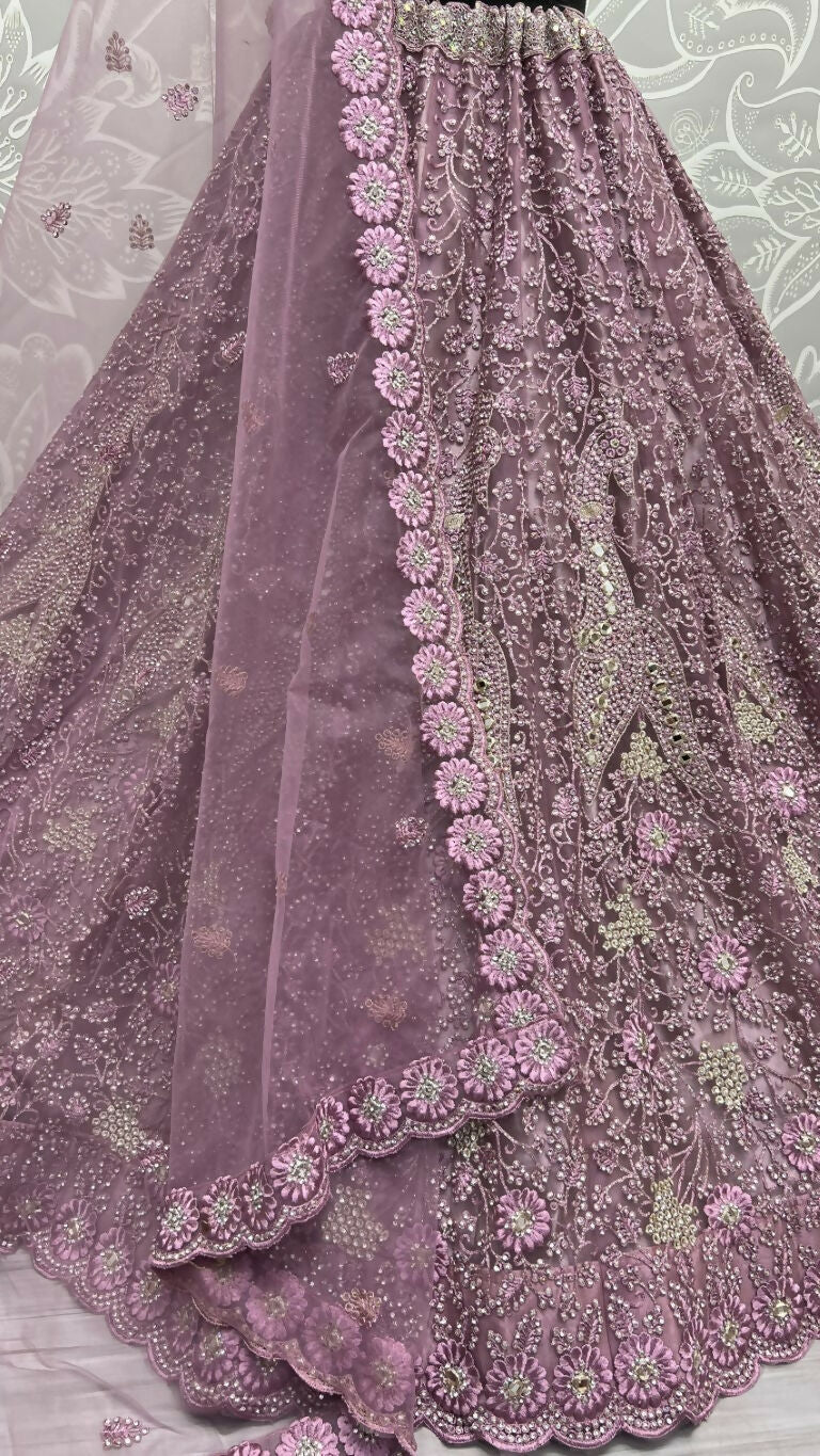 Pyazi Bridal Net Lehenga Choli with Mirror and Diamond Work