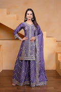 Elegant Purple Silk Embroidered Kurti paired with matching flared Sharara pants