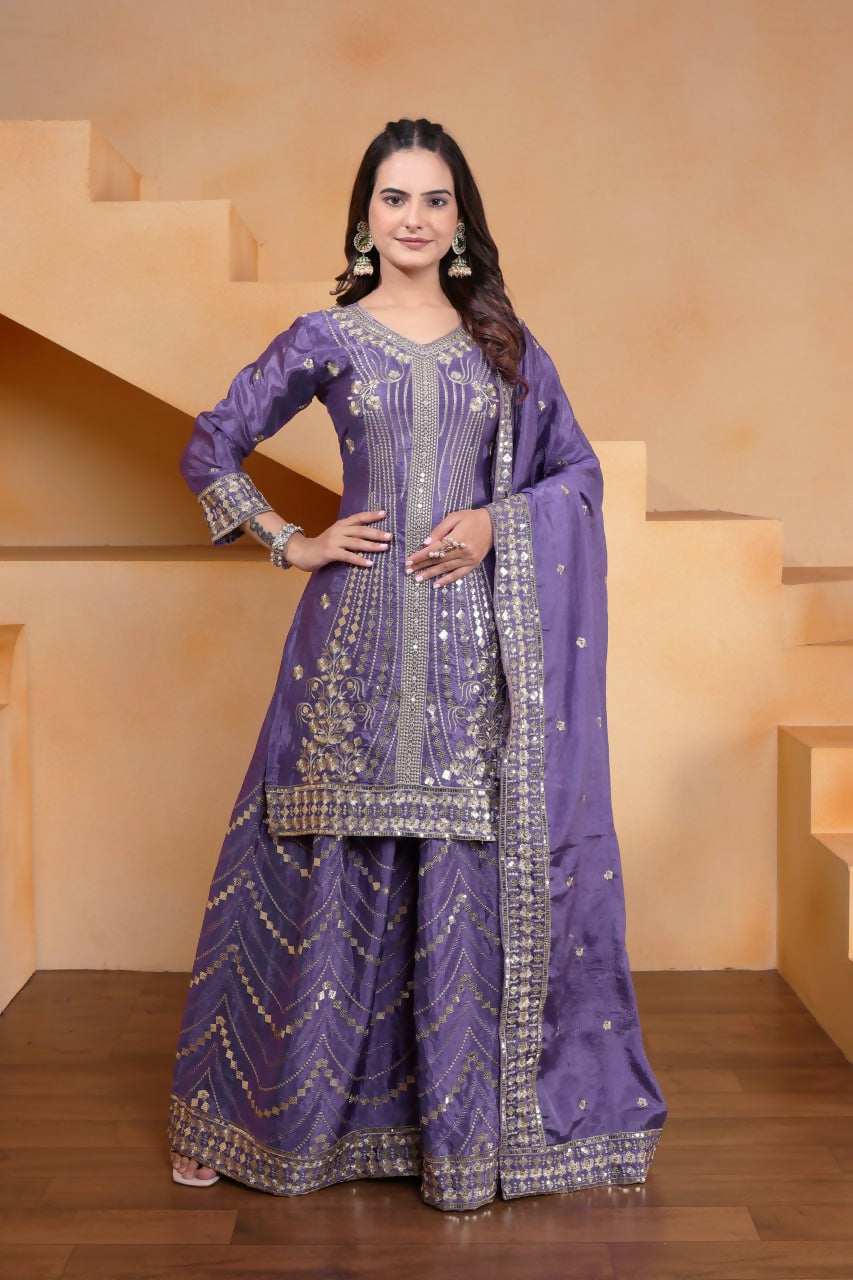 Elegant Purple Silk Embroidered Kurti paired with matching flared Sharara pants