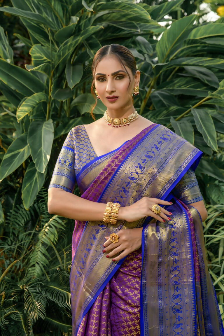 Purple Kanjivaram Silk Saree with Contrasting Blue Blouse