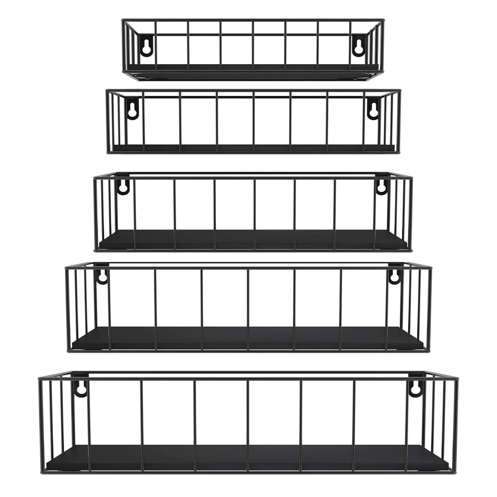 CRUGLA Black Floating Shelves Wall Mounted Set of 5 Hanging Wall Shelf with Rail for Bathroom Bedroom Living Room Kitchen