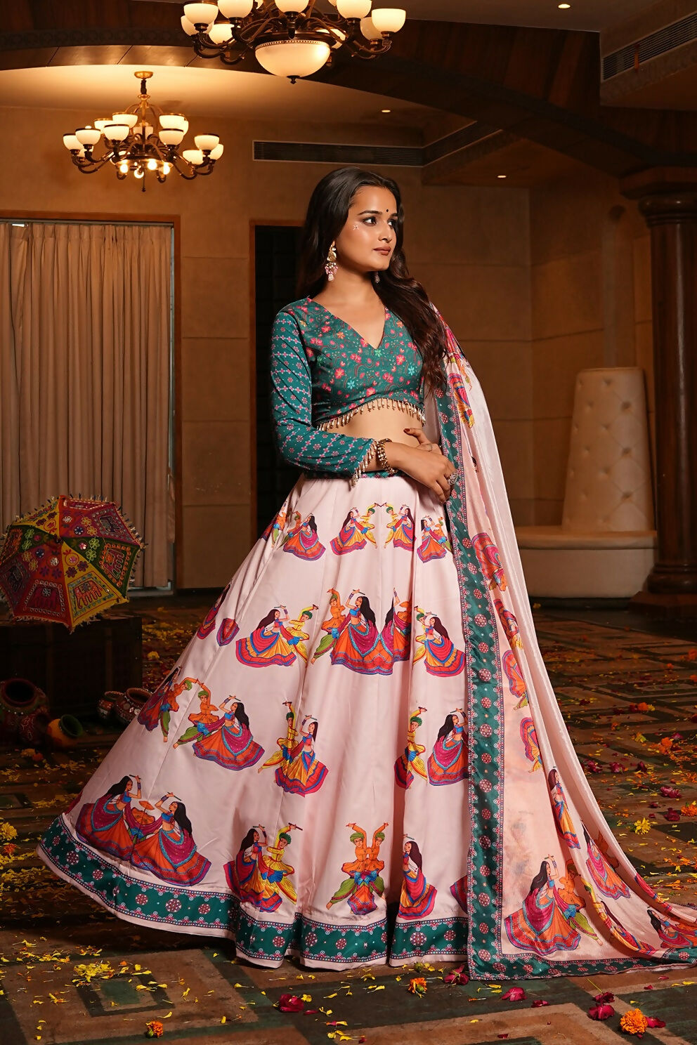 Light Pink and Teal Crepe Designer Navratri Lehenga Choli