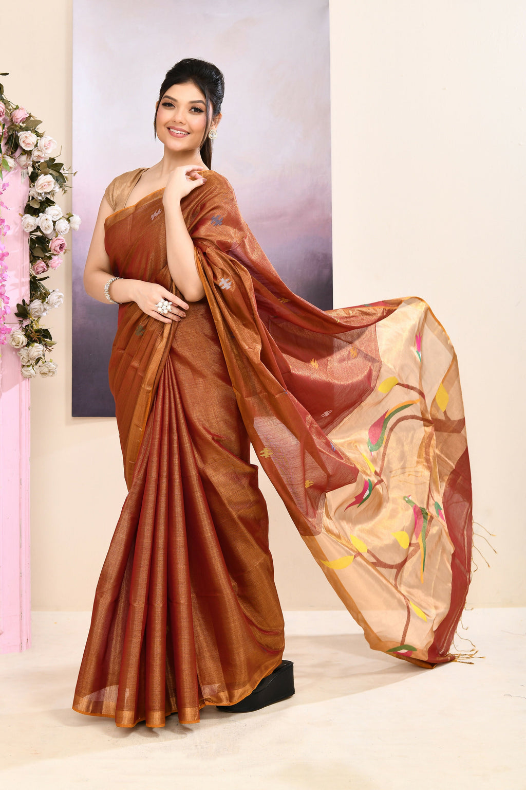 Brown Tissue Jamdani Saree with Ornate Embellishments