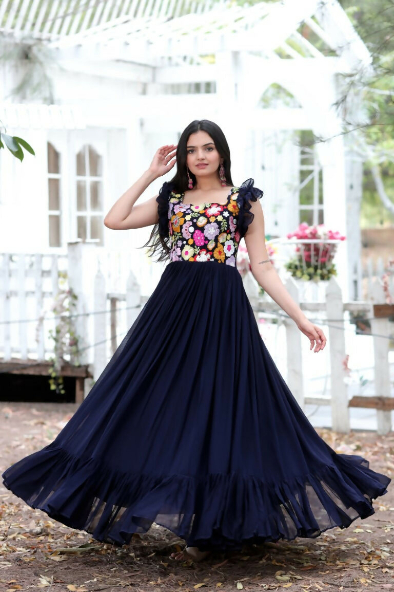 Navy Blue Floral Anarkali Dress with Sequins and Thread Embroidery