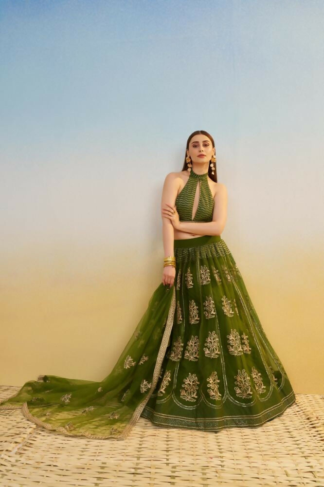 Mehandi Green Butterfly Net Lehenga Choli With Sequence Embroidery
