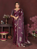Deep wine colored Banarasi satin silk saree with floral motifs