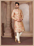 Close up of a vibrant multicolor digital print art silk kurta pyjama set for boys.