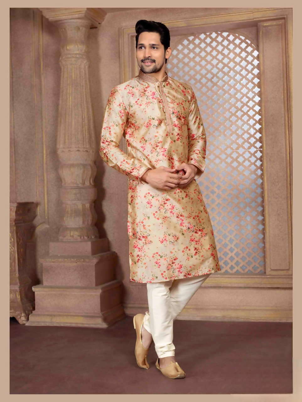 Close up of a vibrant multicolor digital print art silk kurta pyjama set for boys.