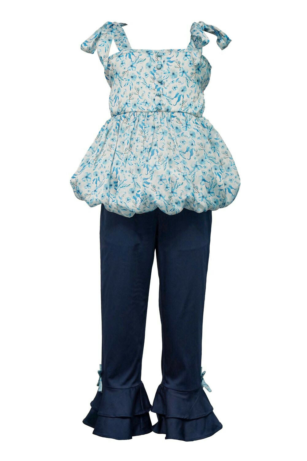 Girls Blue Floral Balloon Top and Flared Trouser Set