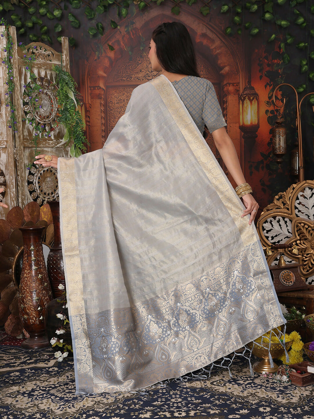 Gray Organza Saree with Matching Blouse Piece