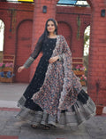 Black faux blooming Anarkali dress with sequence zari embroidery and dupatta