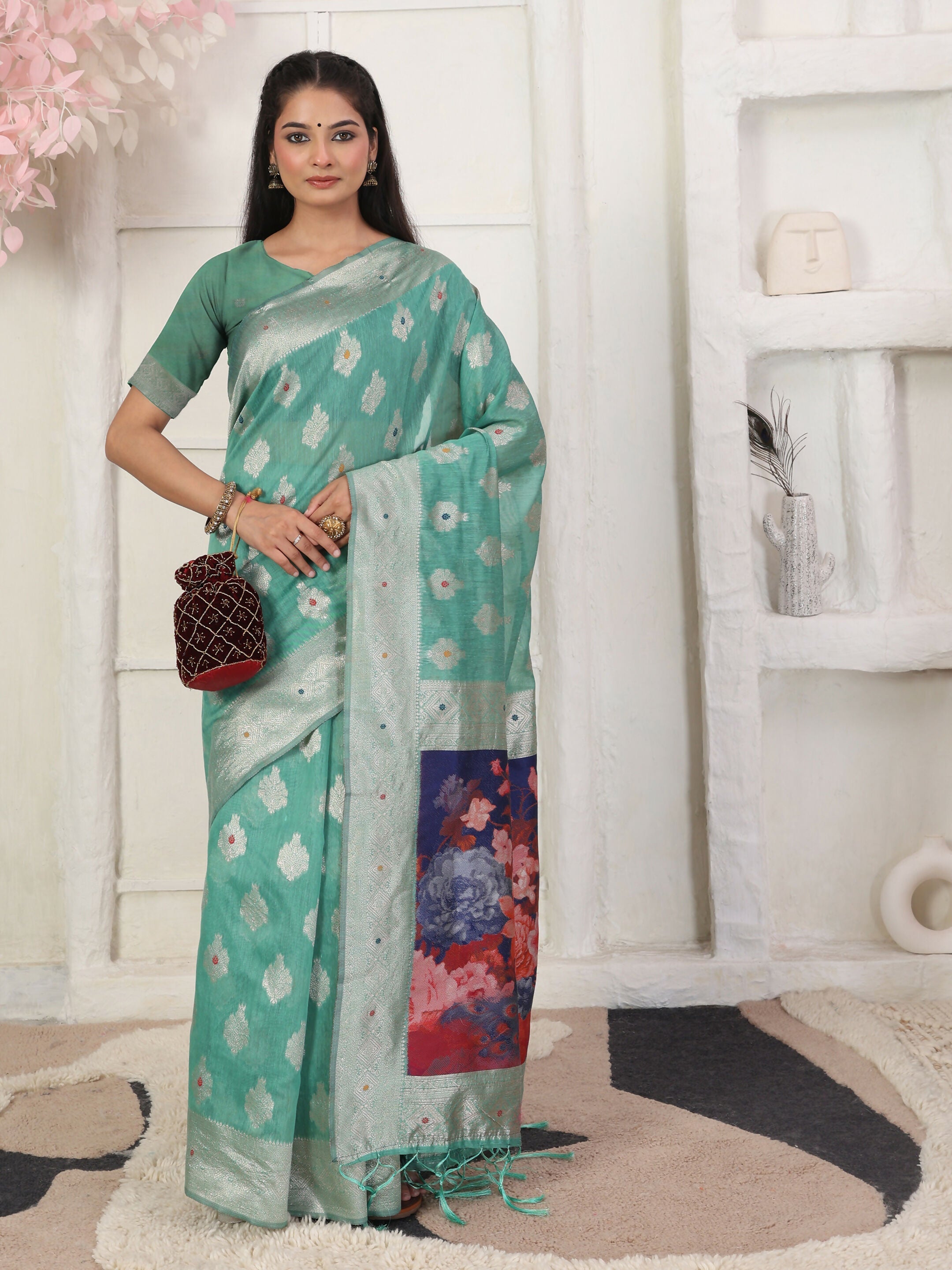 Rama Green Linen Cotton Saree with Matching Blouse