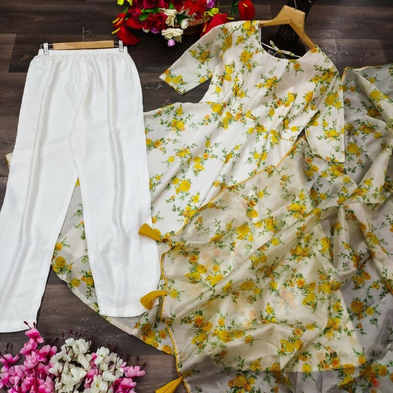 Mehendi Floral Digital Printed Chanderi A-Line Kurta Set