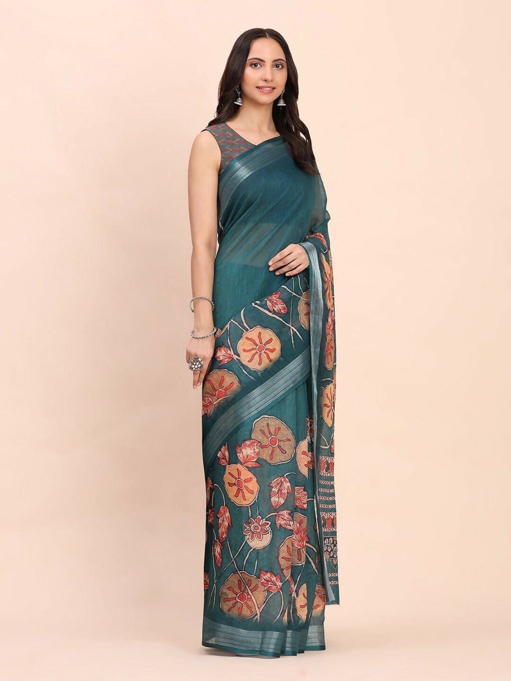 Elegant teal blue linen cotton saree with matching blouse fabric