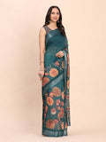Elegant teal blue linen cotton saree with matching blouse fabric