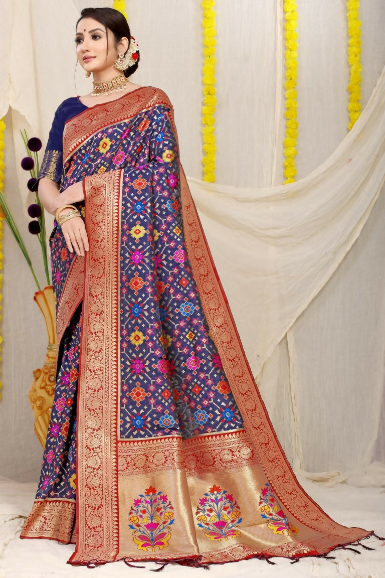 Navy Blue Patola Silk saree with zari woven accents and matching blouse