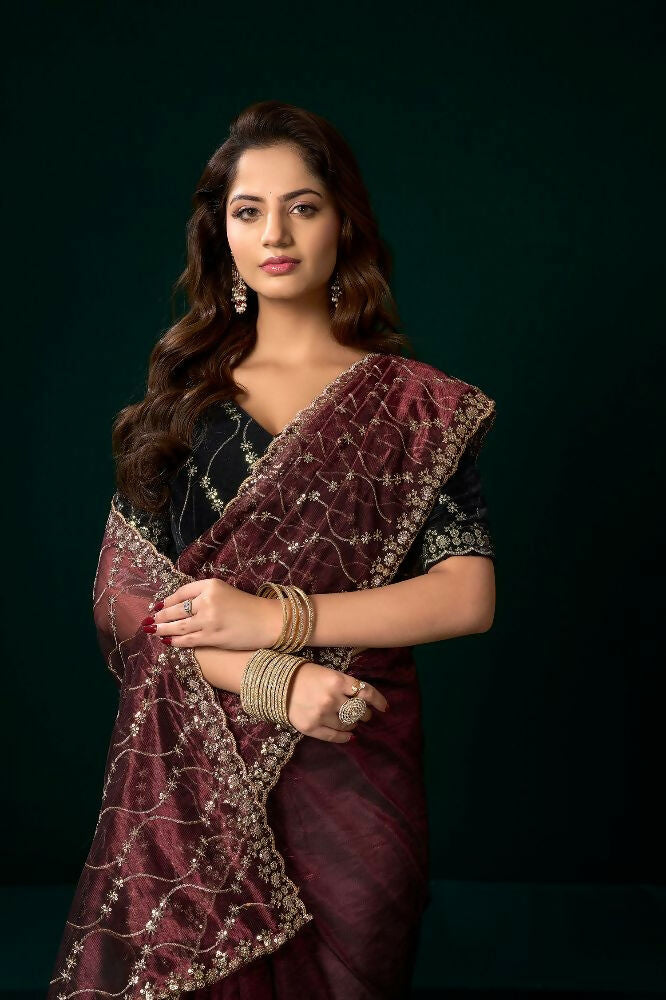 Maroon Net Party Wear Saree with Black Velvet Blouse