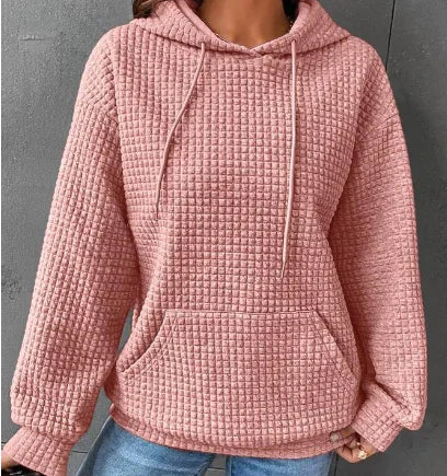 Women's Loose Casual Long Sleeve Waffle Knit Hooded Sweatshirt