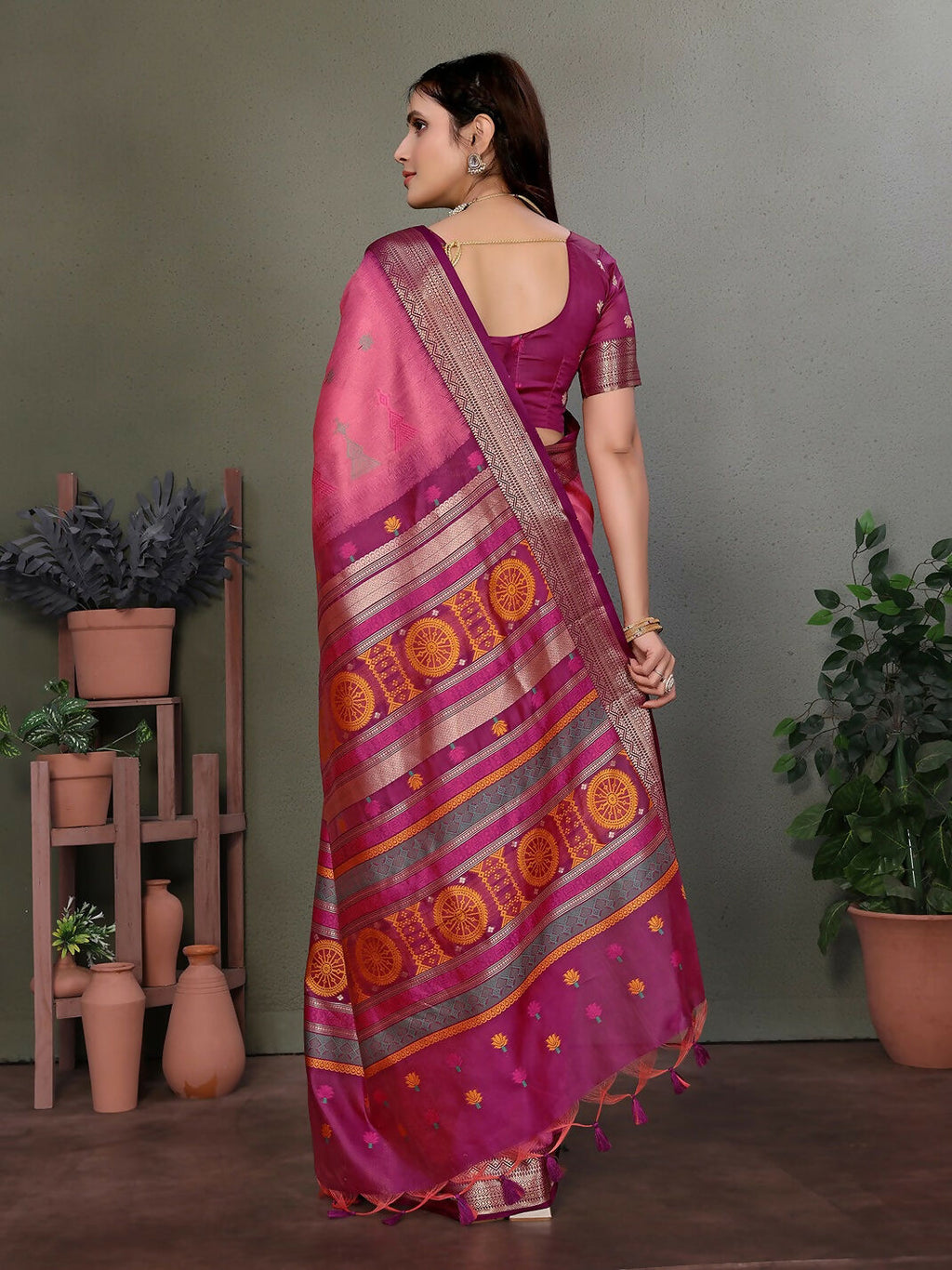 Pink Floral Banarasi Soft Silk Saree with Unstitched Blouse