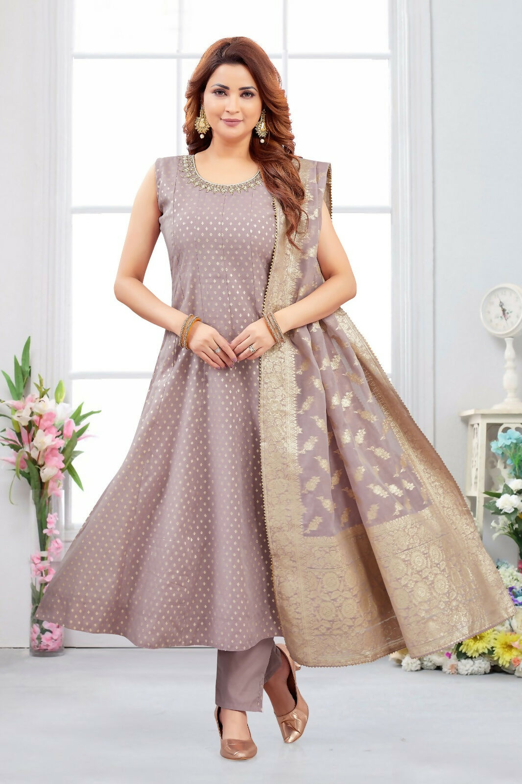 Dusty Peach Jacquard Kurta Set with Cotton Lining - 3 Piece