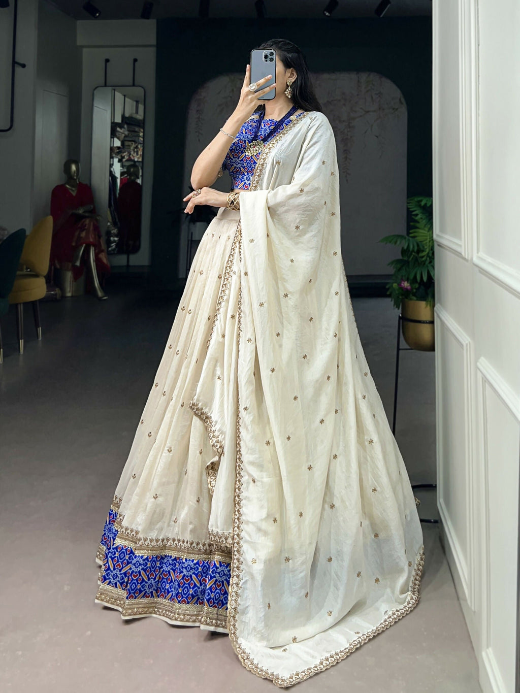 White Vichitra Silk Lehenga Choli with Sequins and Embroidery