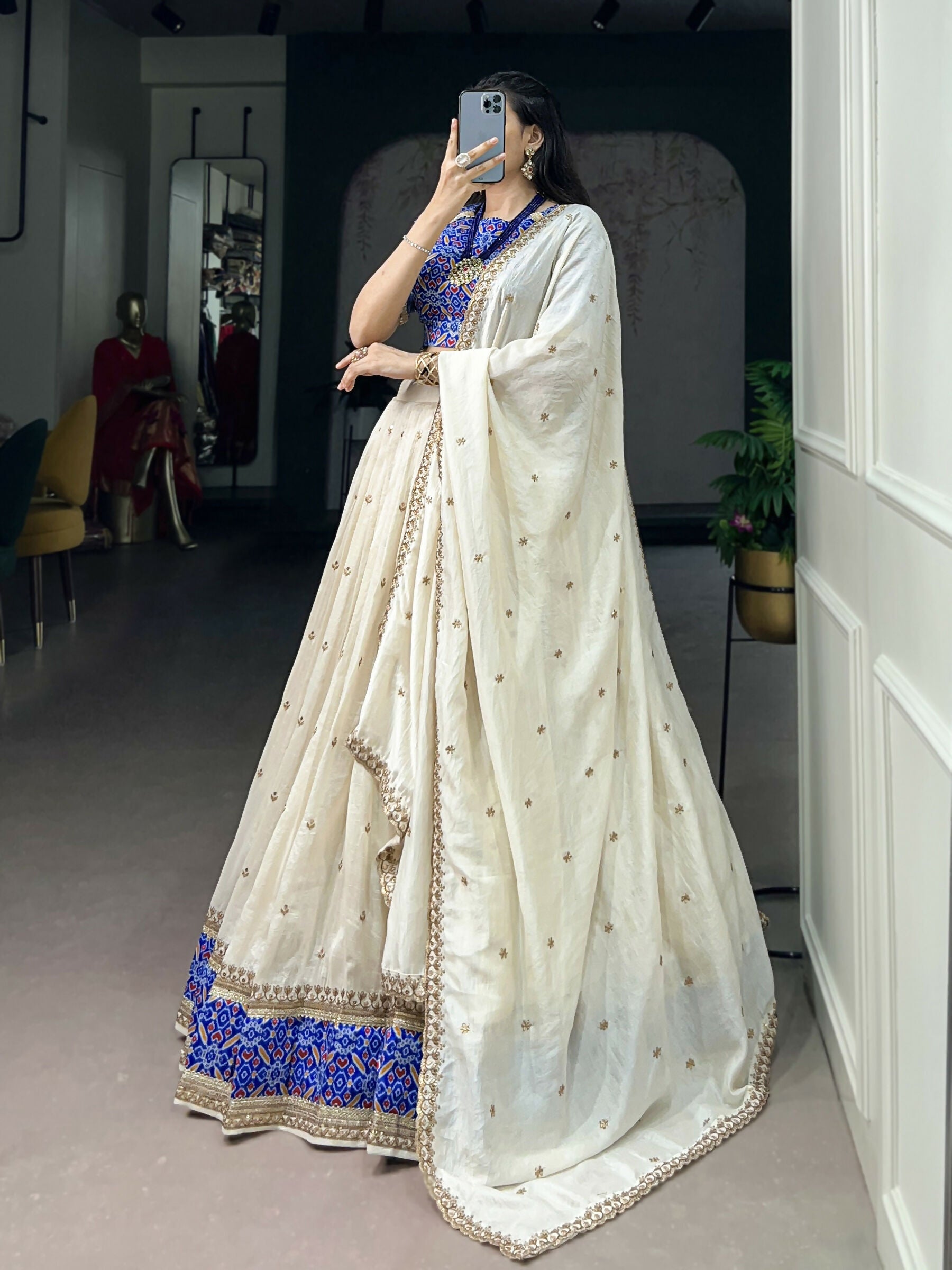 White Vichitra Silk Lehenga Choli with Sequins and Embroidery