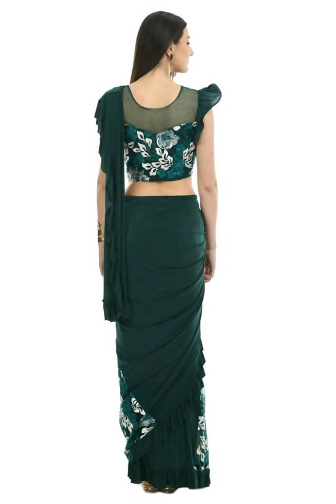 Bottle Green & White Thread Embroidered Ruffled Ready To Wear Saree